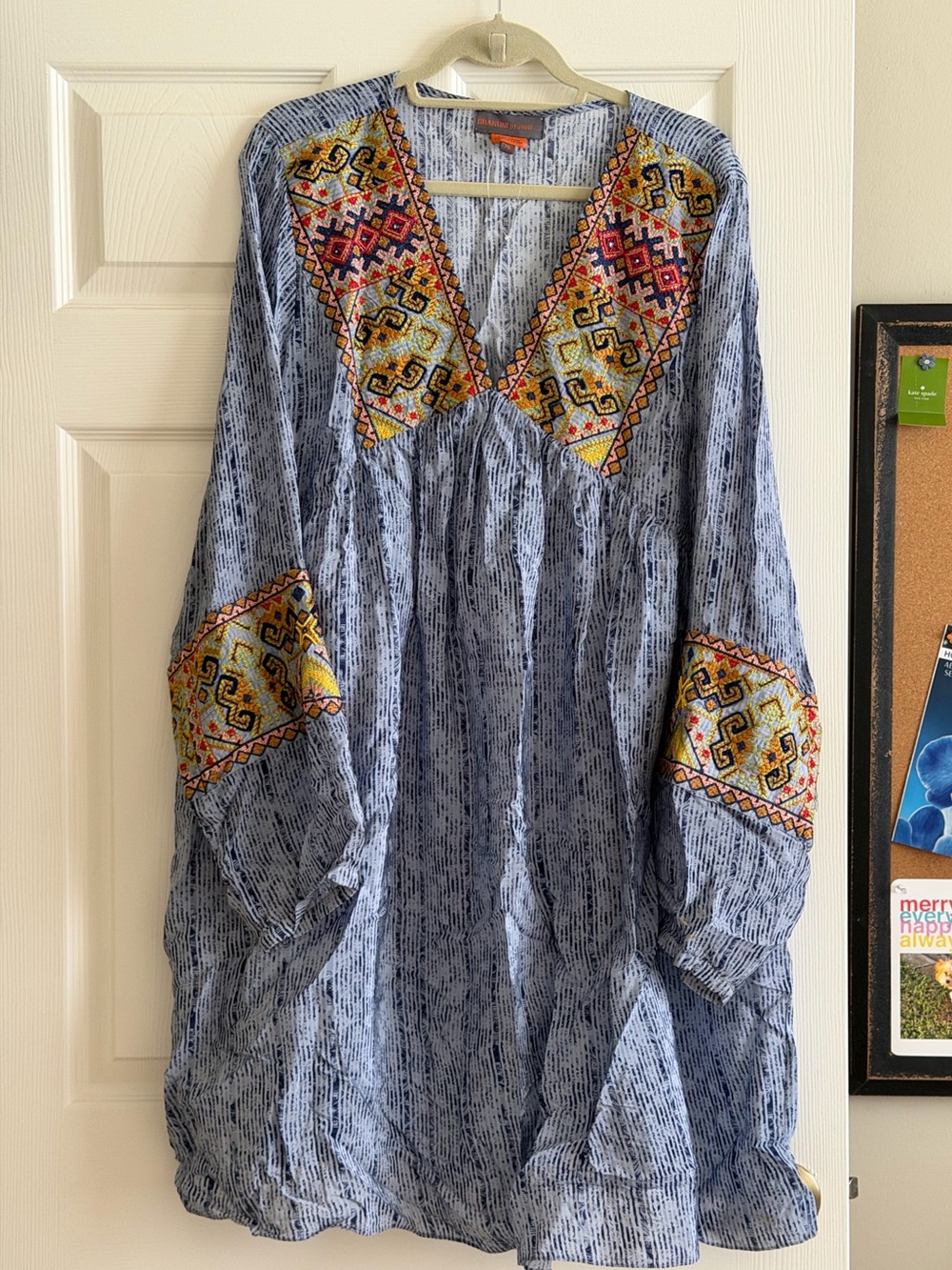 Embroidered V-Neck Boho Tunic dress or top- Blue Multicolor